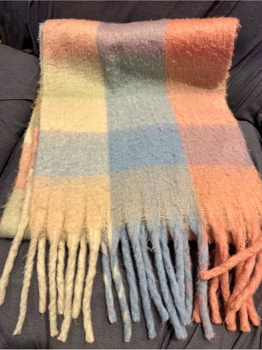 Pastel Plaid Blanket Scarf Chunky Tassel Fringe Oversized Soft Acrylic Check